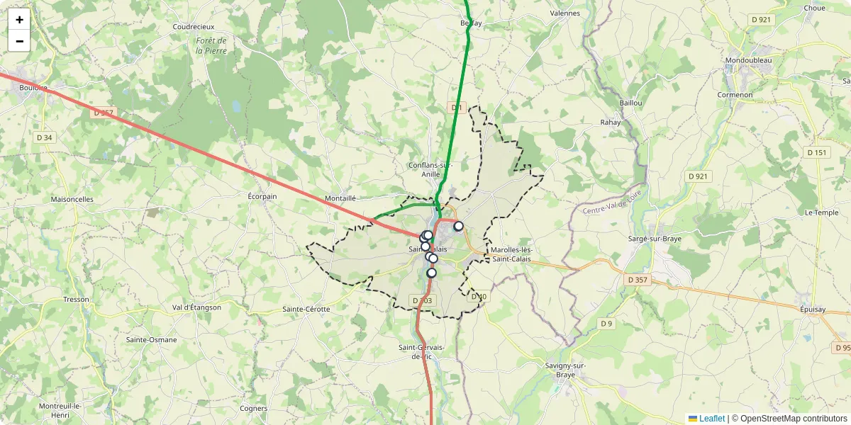 Carte du réseau de transport en commun à Saint-Calais - lignes de bus et arrêts