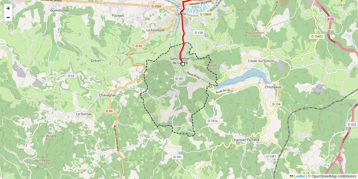 Carte du réseau de transport en commun à Saint-Cernin-de-Larche - lignes de bus et arrêts