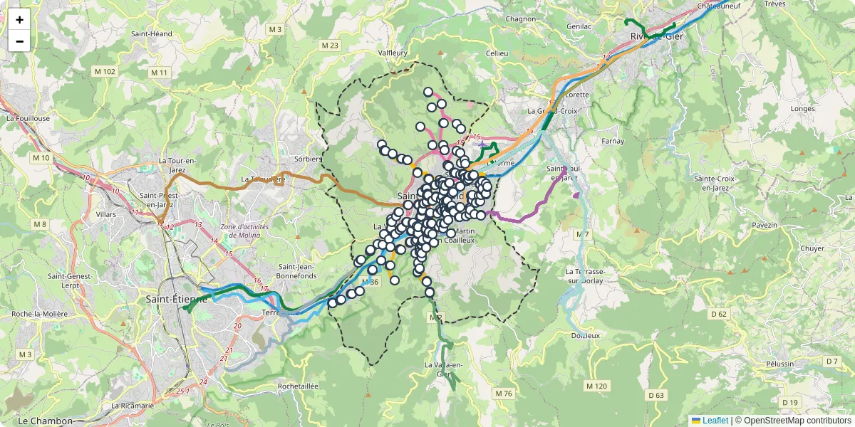 Carte du réseau de transport en commun à Saint-Chamond - lignes de bus et arrêts