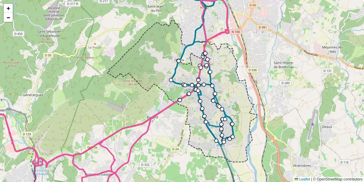 Carte du réseau de transport en commun à Saint-Christol-lez-Alès - lignes de bus et arrêts