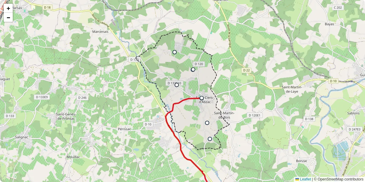 Carte du réseau de transport en commun à Saint-Ciers-d'Abzac - lignes de bus et arrêts