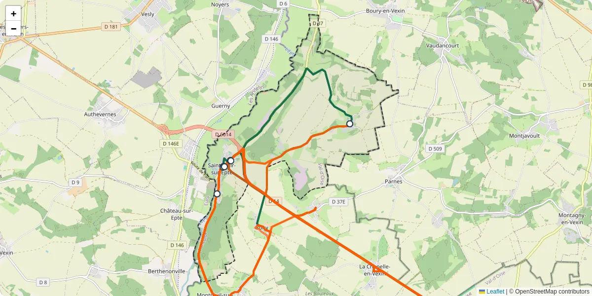 Carte du réseau de transport en commun à Saint-Clair-sur-Epte - lignes de bus et arrêts