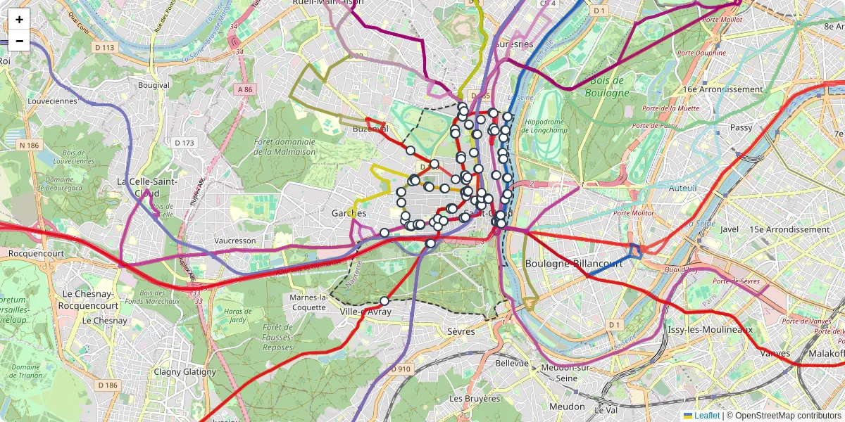 Carte du réseau de transport en commun à Saint-Cloud - lignes de bus et arrêts