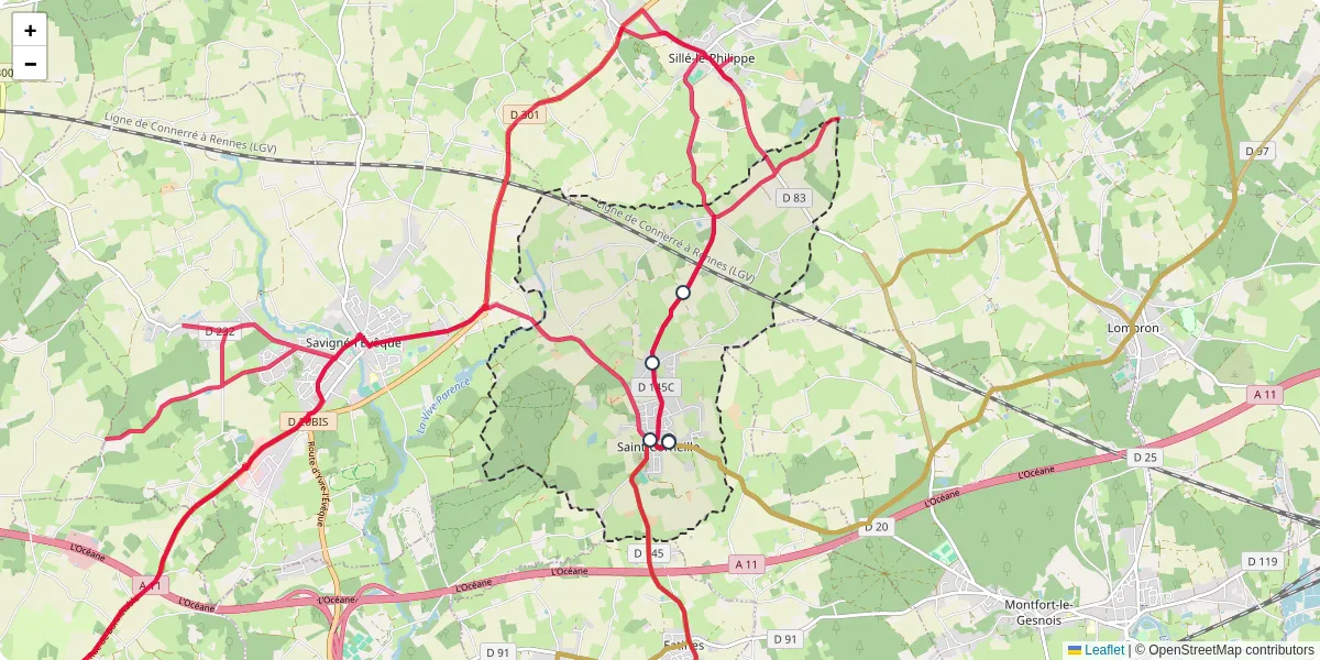 Carte du réseau de transport en commun à Saint-Corneille - lignes de bus et arrêts