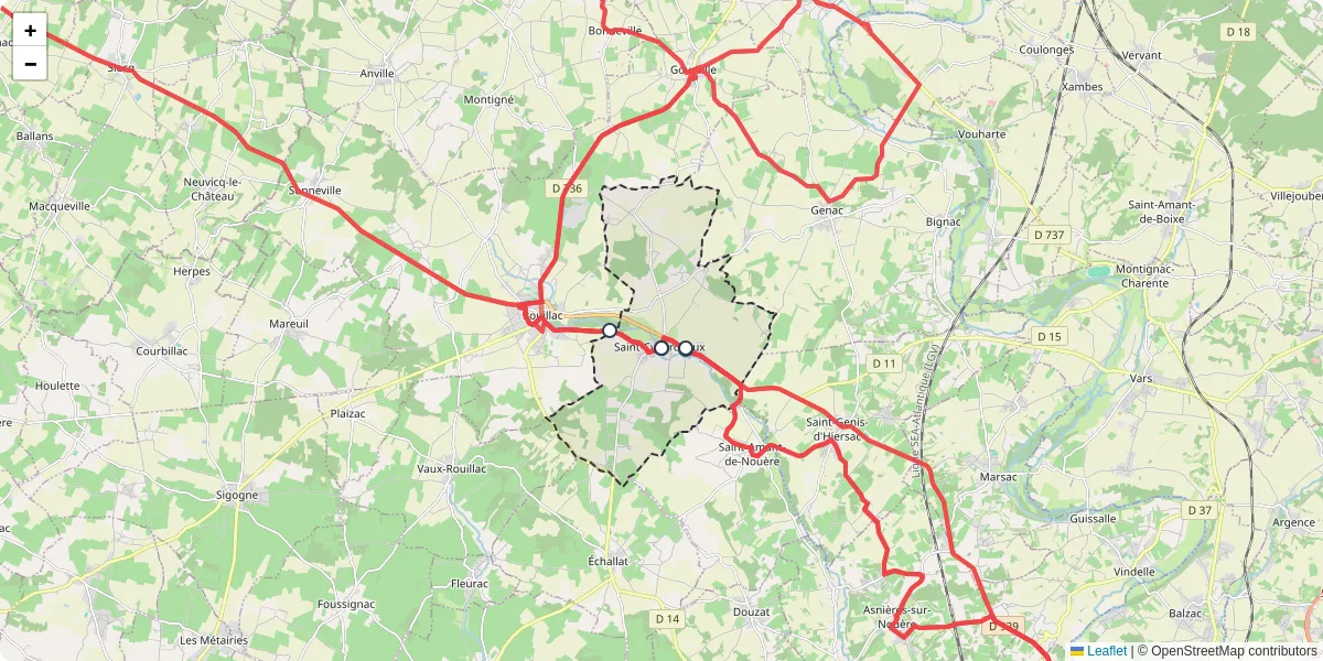 Carte du réseau de transport en commun à Saint-Cybardeaux - lignes de bus et arrêts