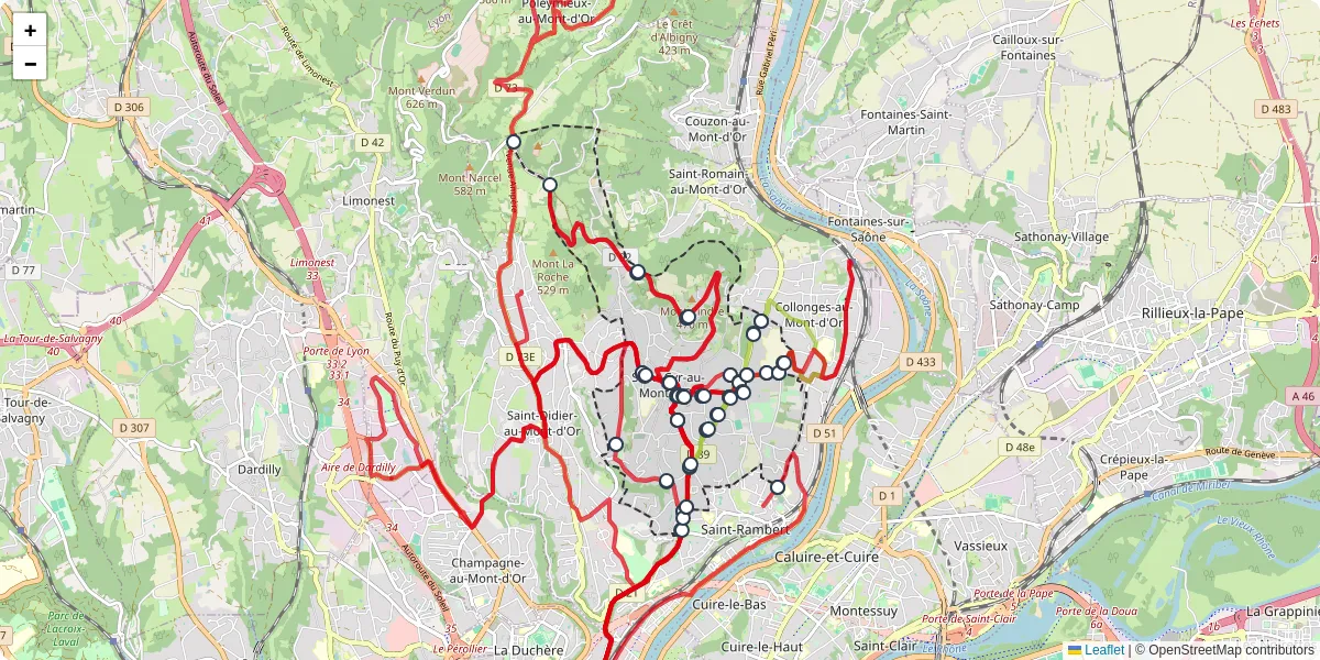 Carte du réseau de transport en commun à Saint-Cyr-au-Mont-d'Or - lignes de bus et arrêts