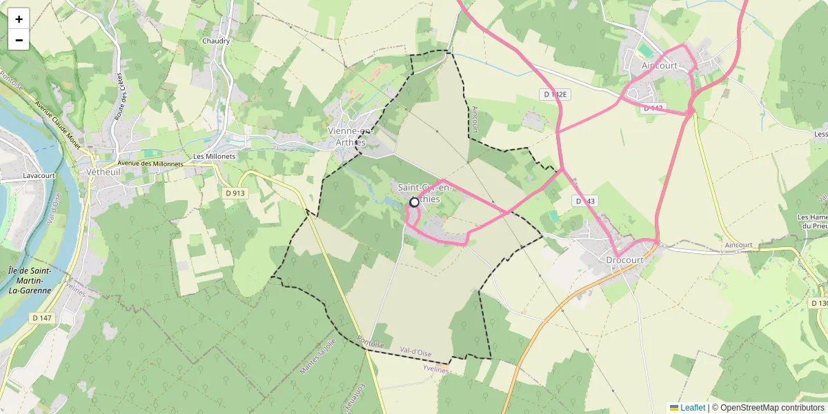 Carte du réseau de transport en commun à Saint-Cyr-en-Arthies - lignes de bus et arrêts