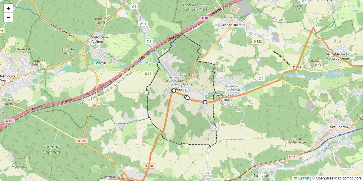 Carte du réseau de transport en commun à Saint-Cyr-sous-Dourdan - lignes de bus et arrêts