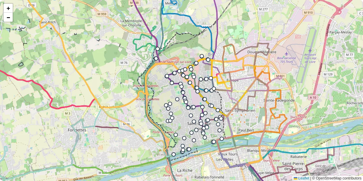 Carte du réseau de transport en commun à Saint-Cyr-sur-Loire - lignes de bus et arrêts