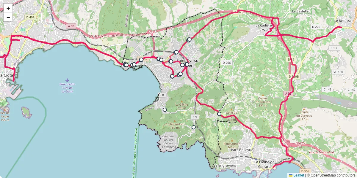 Carte du réseau de transport en commun à Saint-Cyr-sur-Mer - lignes de bus et arrêts