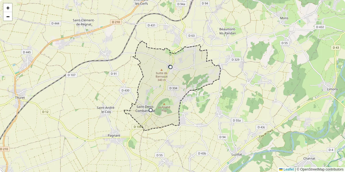 Carte du réseau de transport en commun à Saint-Denis-Combarnazat - lignes de bus et arrêts