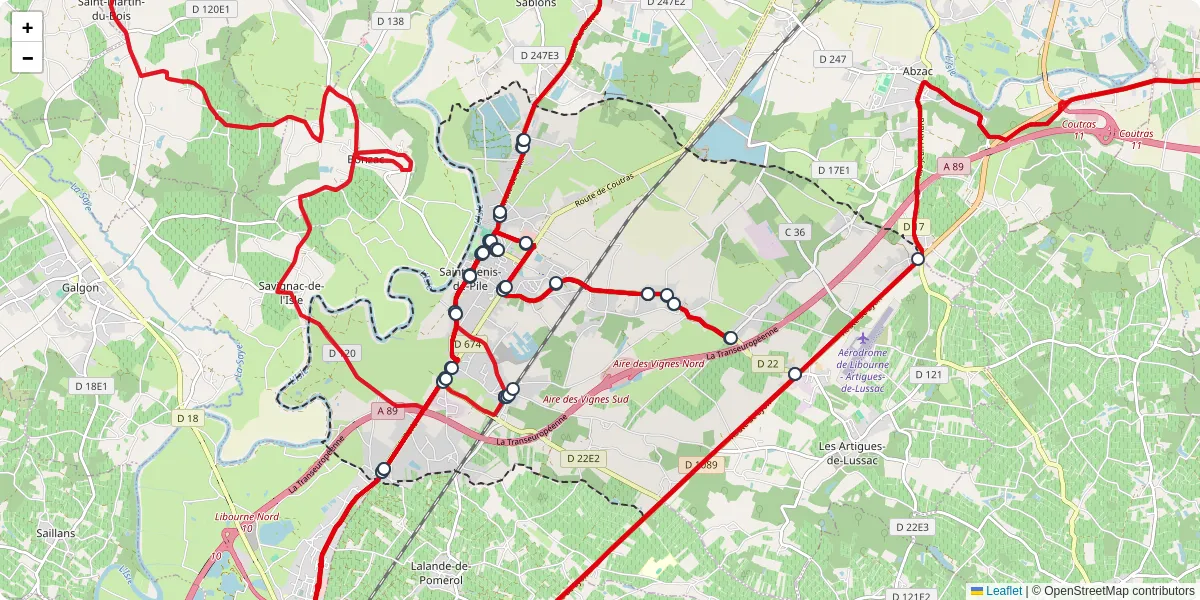 Carte du réseau de transport en commun à Saint-Denis-de-Pile - lignes de bus et arrêts