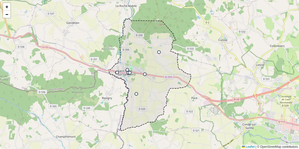 Carte du réseau de transport en commun à Saint-Denis-sur-Sarthon - lignes de bus et arrêts