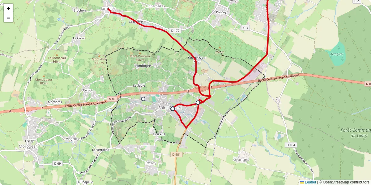Carte du réseau de transport en commun à Saint-Désert - lignes de bus et arrêts