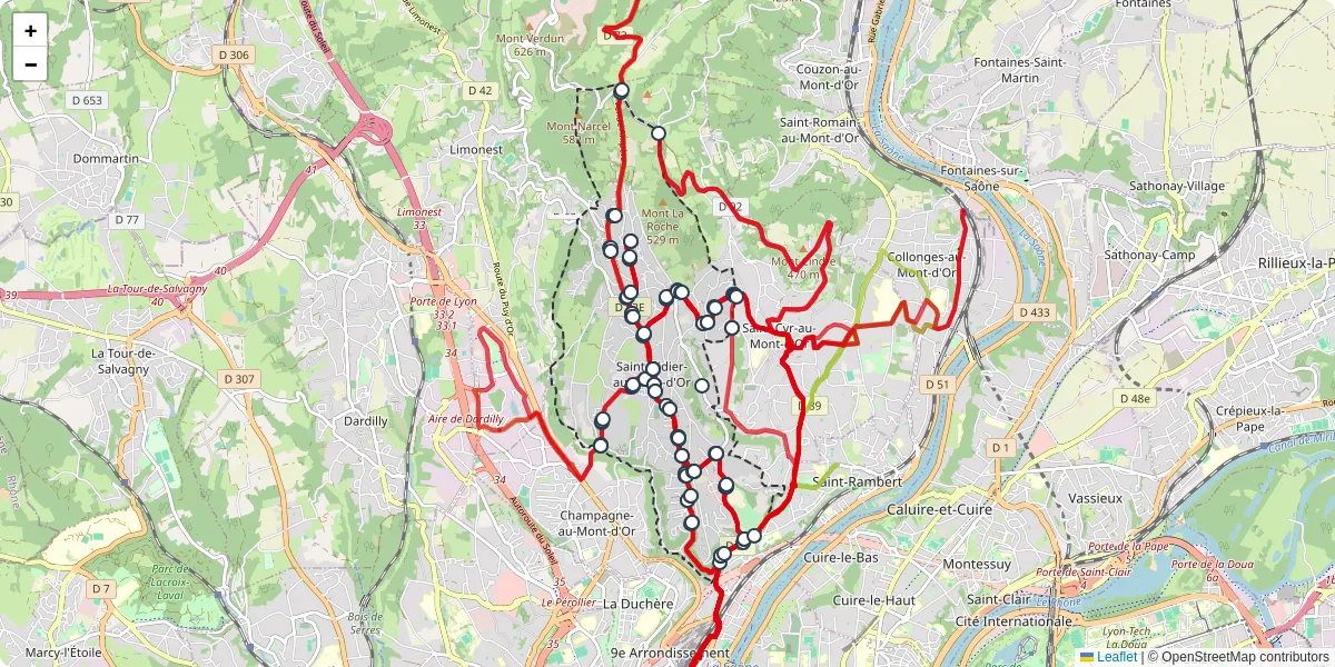Carte du réseau de transport en commun à Saint-Didier-au-Mont-d'Or - lignes de bus et arrêts