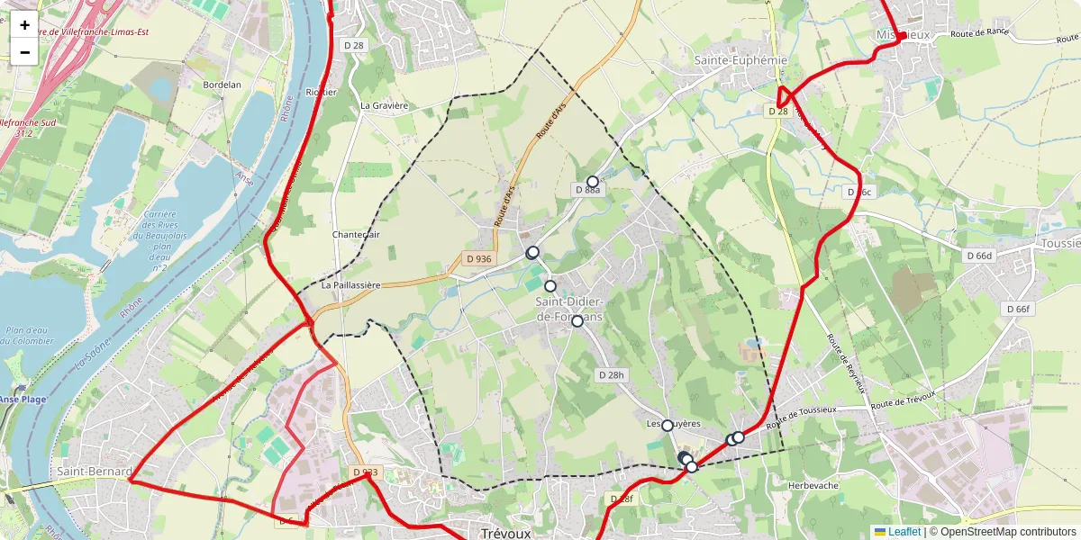 Carte du réseau de transport en commun à Saint-Didier-de-Formans - lignes de bus et arrêts