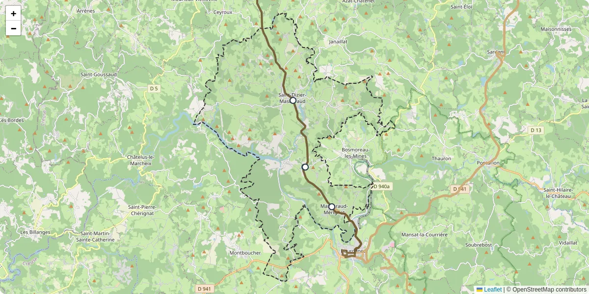 Carte du réseau de transport en commun à Saint-Dizier-Masbaraud - lignes de bus et arrêts