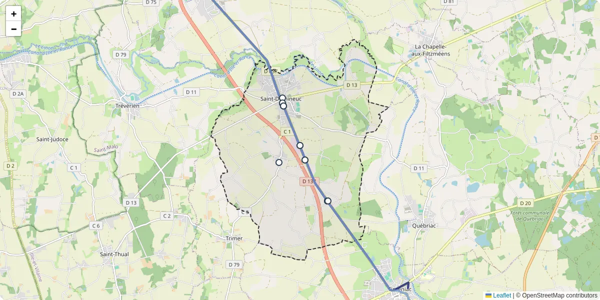 Carte du réseau de transport en commun à Saint-Domineuc - lignes de bus et arrêts