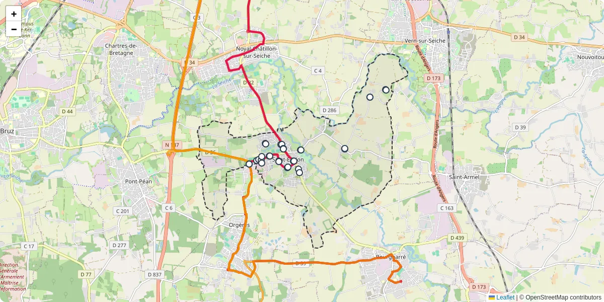 Carte du réseau de transport en commun à Saint-Erblon - lignes de bus et arrêts
