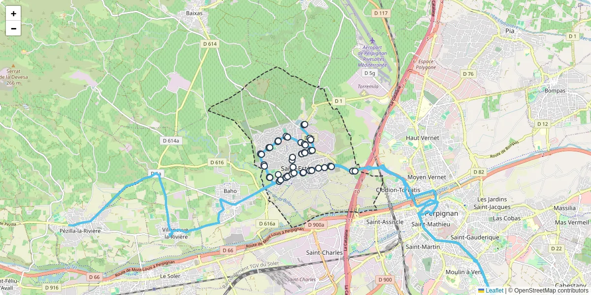 Carte du réseau de transport en commun à Saint-Estève - lignes de bus et arrêts