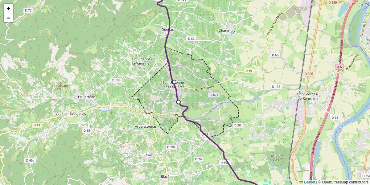 Carte du réseau de transport en commun à Saint-Étienne-des-Oullières - lignes de bus et arrêts