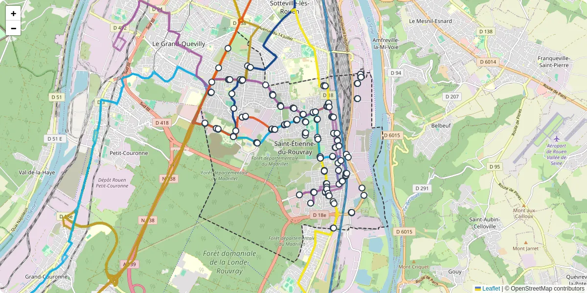 Carte du réseau de transport en commun à Saint-Étienne-du-Rouvray - lignes de bus et arrêts
