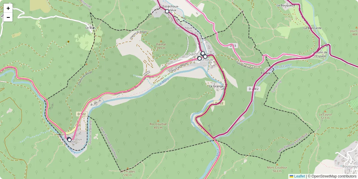 Carte du réseau de transport en commun à Saint-Étienne-Estréchoux - lignes de bus et arrêts