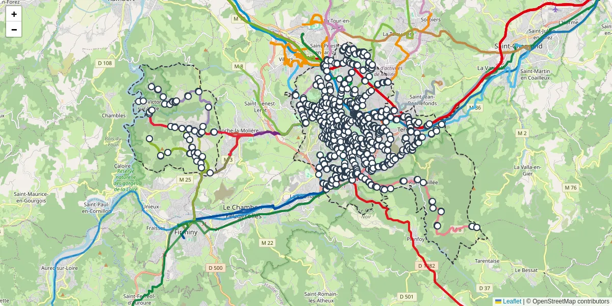 Carte du réseau de transport en commun à Saint-Étienne - lignes de bus et arrêts