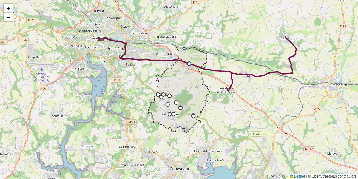 Carte du réseau de transport en commun à Saint-Évarzec - lignes de bus et arrêts