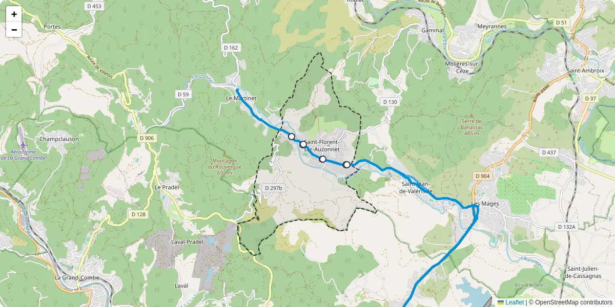 Carte du réseau de transport en commun à Saint-Florent-sur-Auzonnet - lignes de bus et arrêts