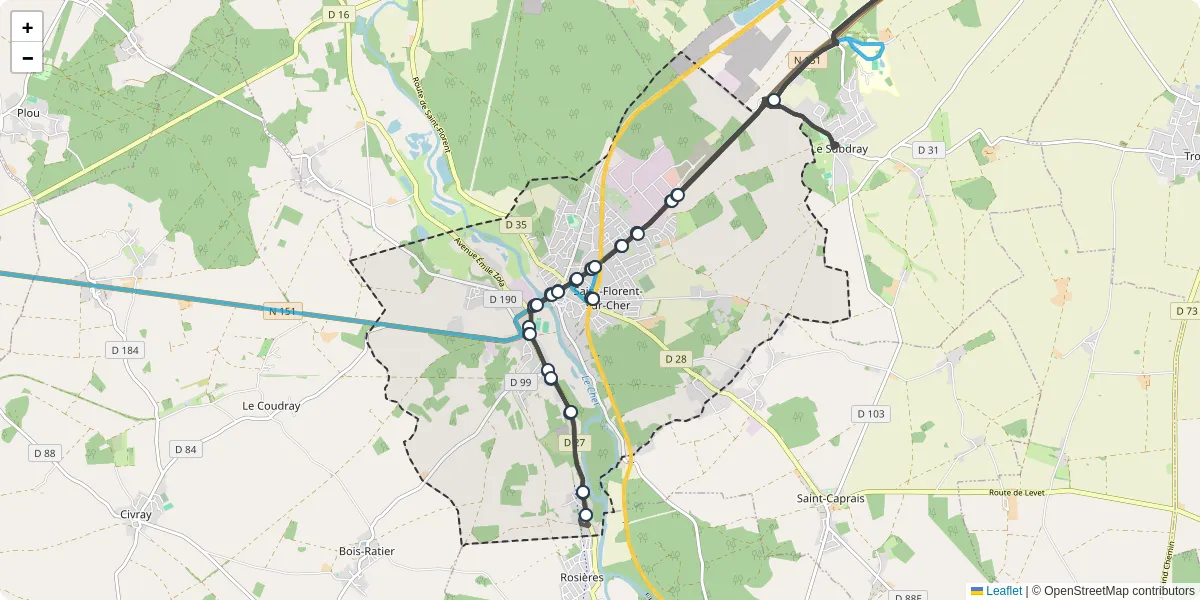 Carte du réseau de transport en commun à Saint-Florent-sur-Cher - lignes de bus et arrêts