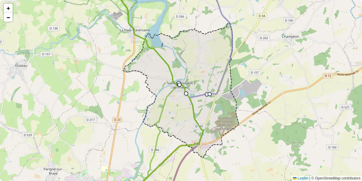 Carte du réseau de transport en commun à Saint-Fraimbault-de-Prières - lignes de bus et arrêts