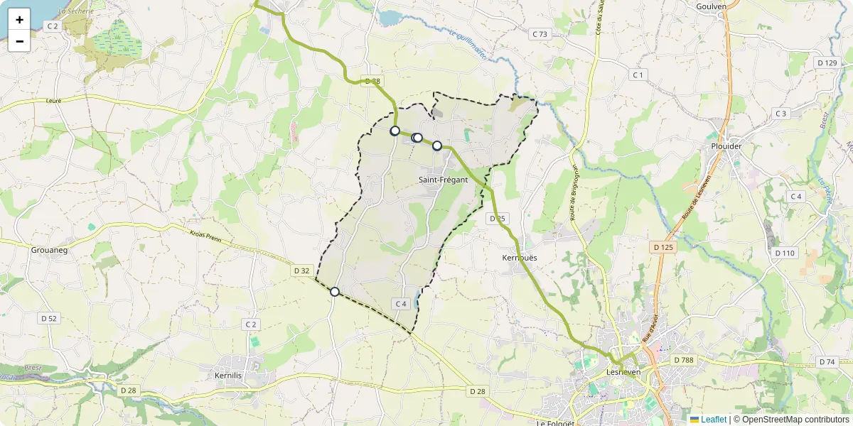 Carte du réseau de transport en commun à Saint-Frégant - lignes de bus et arrêts
