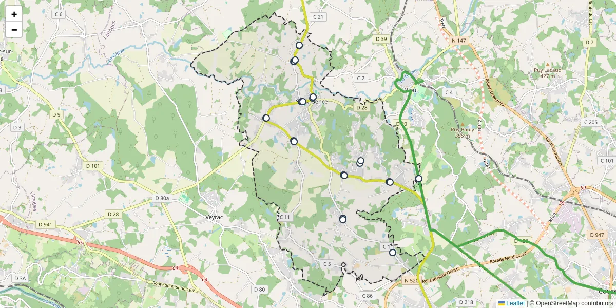 Carte du réseau de transport en commun à Saint-Gence - lignes de bus et arrêts