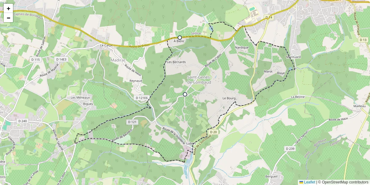 Carte du réseau de transport en commun à Saint-Genès-de-Lombaud - lignes de bus et arrêts
