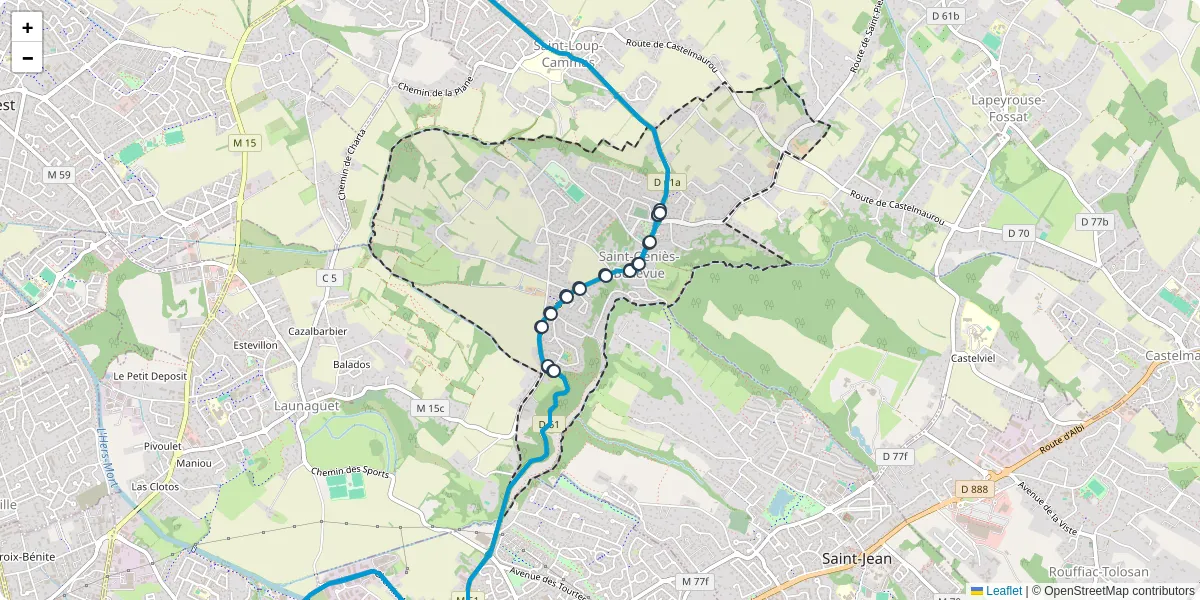 Carte du réseau de transport en commun à Saint-Geniès-Bellevue - lignes de bus et arrêts