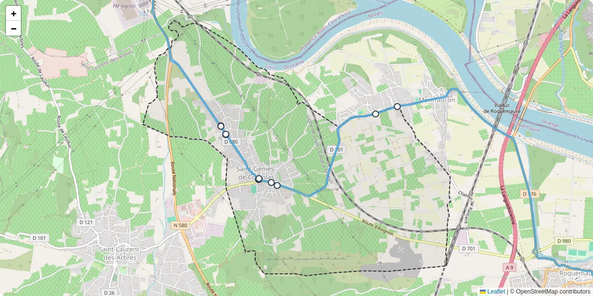 Carte du réseau de transport en commun à Saint-Geniès-de-Comolas - lignes de bus et arrêts