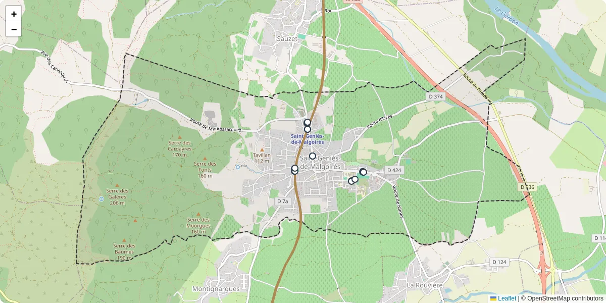 Carte du réseau de transport en commun à Saint-Geniès-de-Malgoirès - lignes de bus et arrêts