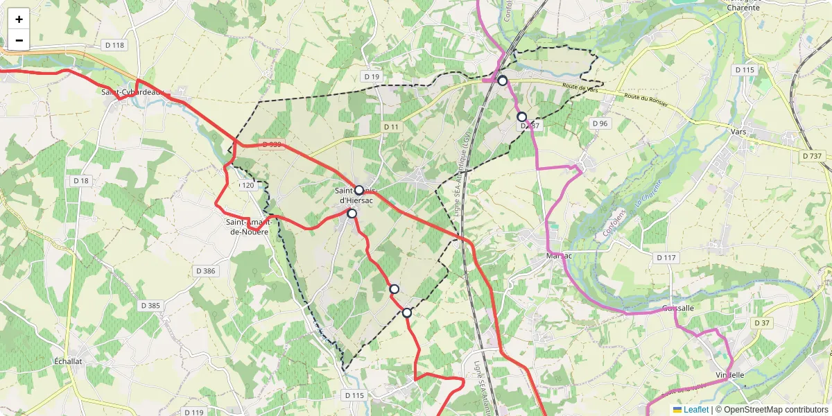 Carte du réseau de transport en commun à Saint-Genis-d'Hiersac - lignes de bus et arrêts