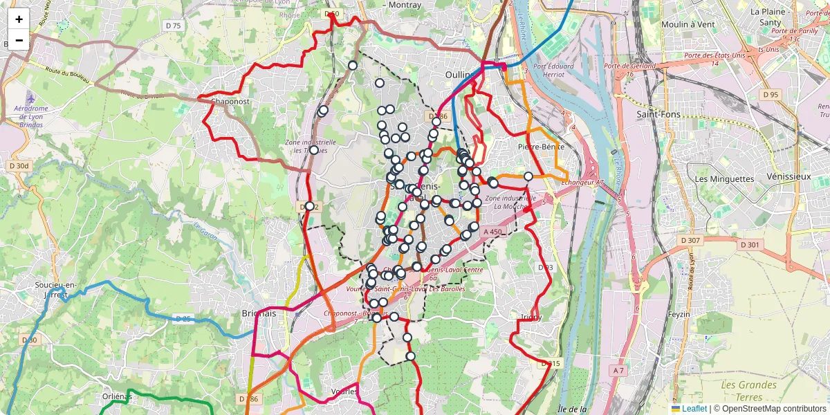 Carte du réseau de transport en commun à Saint-Genis-Laval - lignes de bus et arrêts