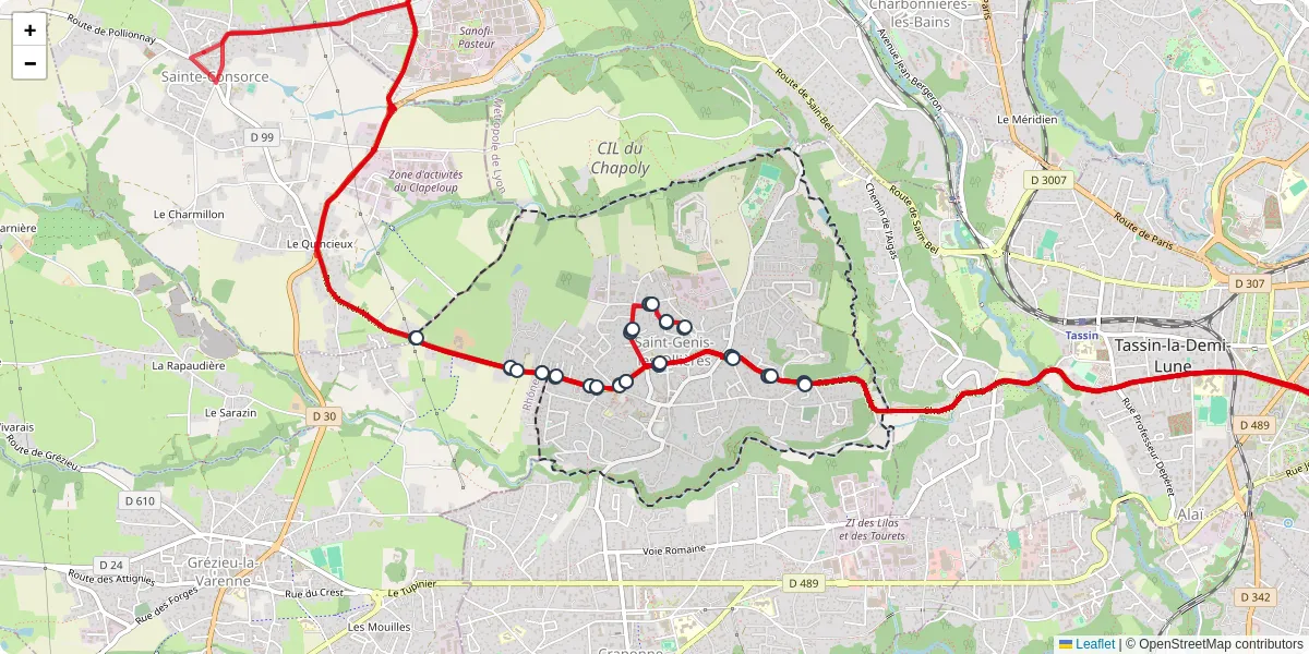 Carte du réseau de transport en commun à Saint-Genis-les-Ollières - lignes de bus et arrêts