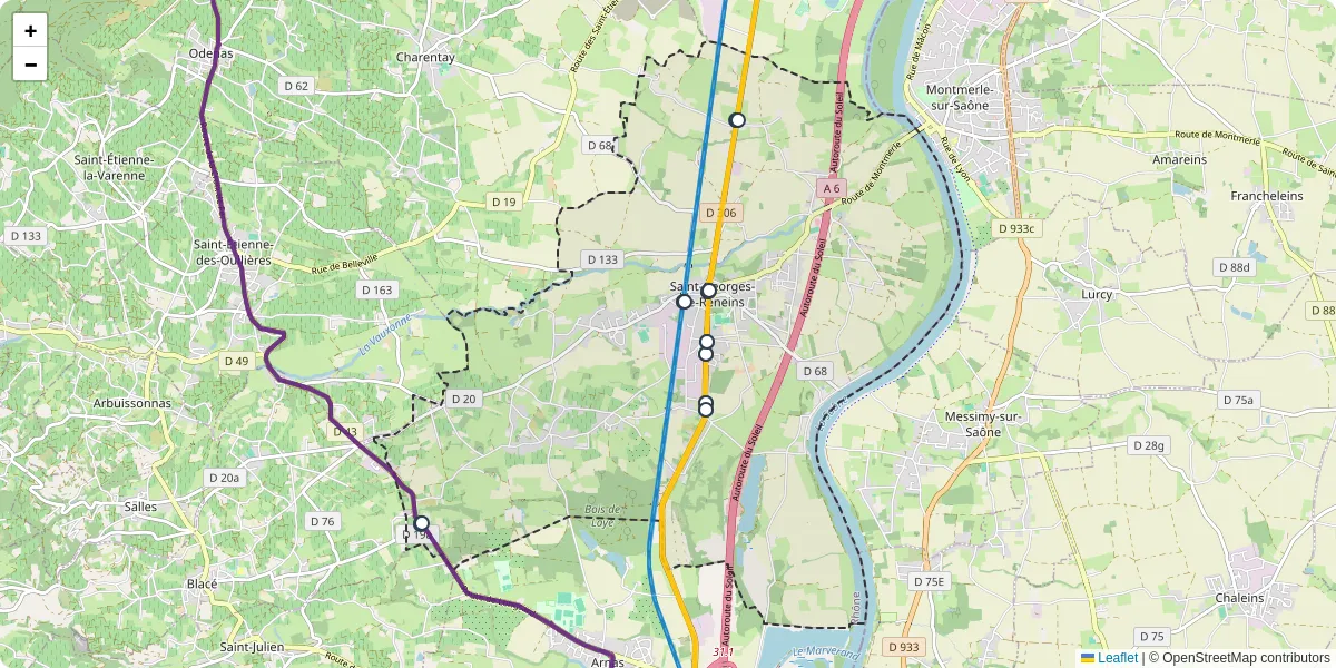 Carte du réseau de transport en commun à Saint-Georges-de-Reneins - lignes de bus et arrêts