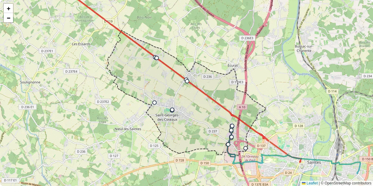 Carte du réseau de transport en commun à Saint-Georges-des-Coteaux - lignes de bus et arrêts