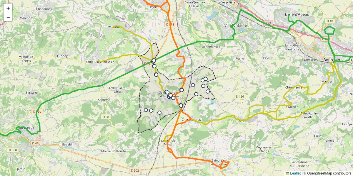 Carte du réseau de transport en commun à Saint-Georges-d'Espéranche - lignes de bus et arrêts