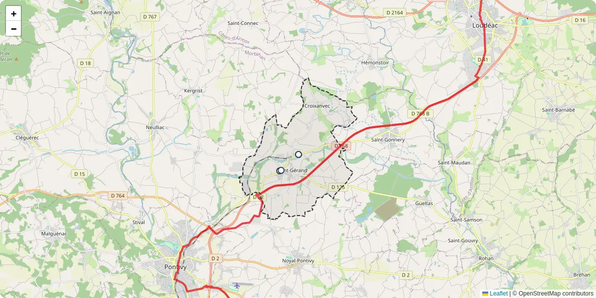 Carte du réseau de transport en commun à Saint-Gérand-Croixanvec - lignes de bus et arrêts