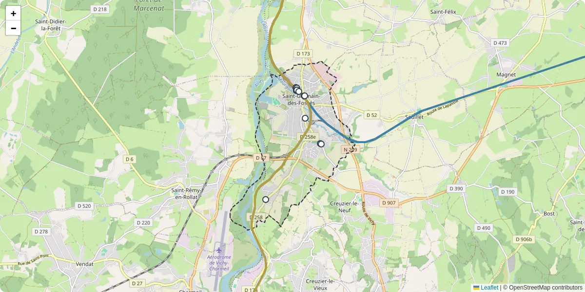 Carte du réseau de transport en commun à Saint-Germain-des-Fossés - lignes de bus et arrêts