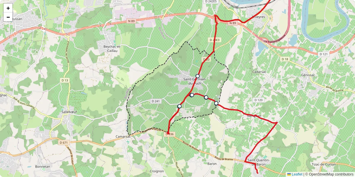 Carte du réseau de transport en commun à Saint-Germain-du-Puch - lignes de bus et arrêts