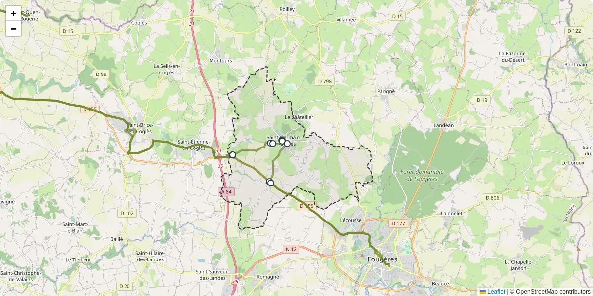 Carte du réseau de transport en commun à Saint-Germain-en-Coglès - lignes de bus et arrêts