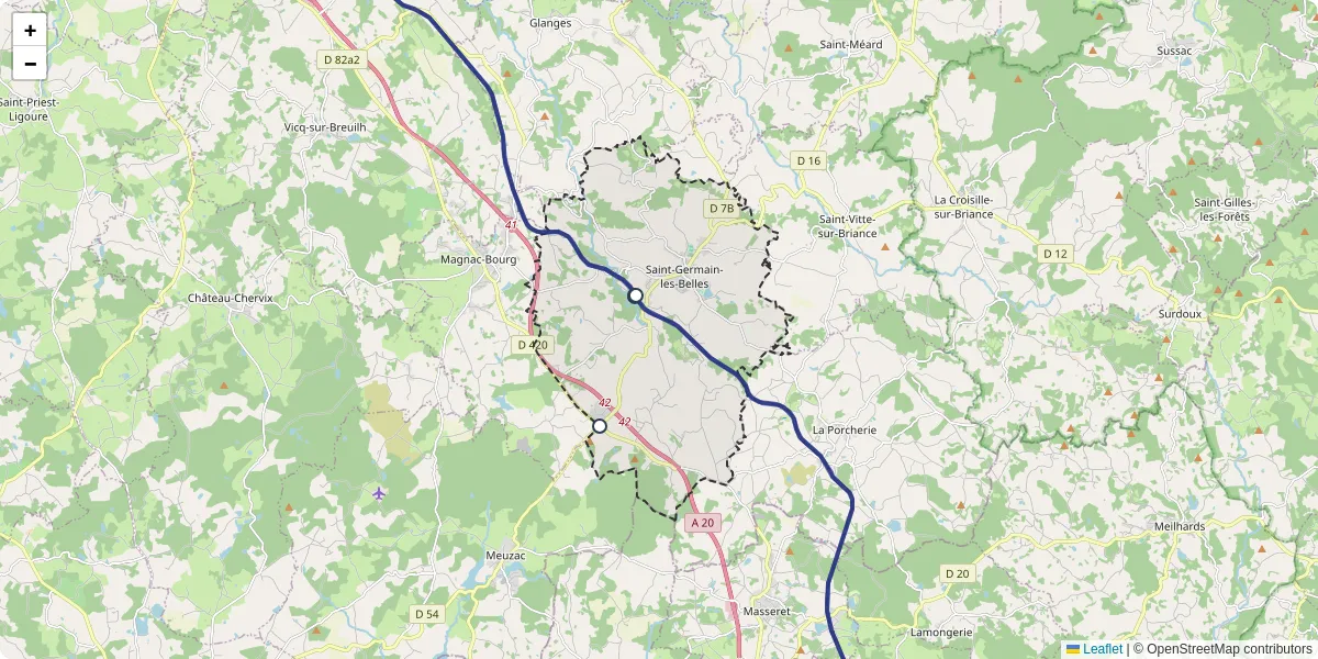 Carte du réseau de transport en commun à Saint-Germain-les-Belles - lignes de bus et arrêts