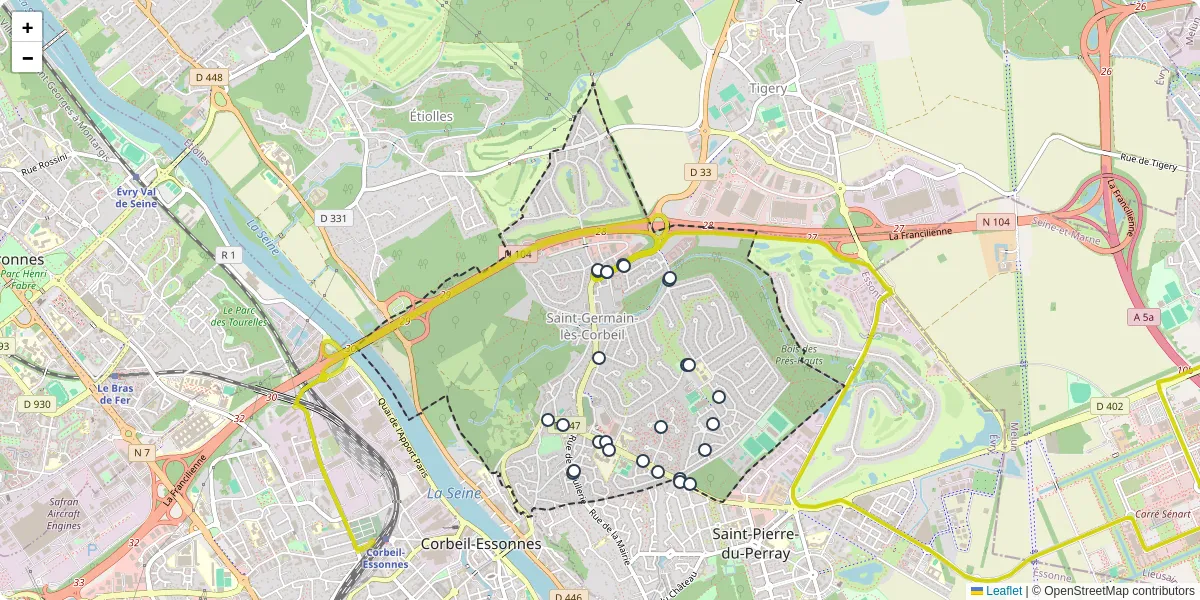 Carte du réseau de transport en commun à Saint-Germain-lès-Corbeil - lignes de bus et arrêts